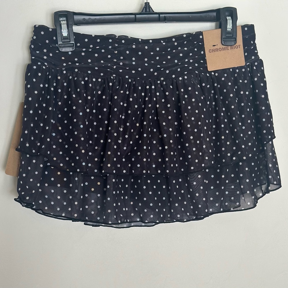 Polka Dot Mesh Mini Skirt Skort Sheer Black White Ruffle Whimsigoth Y2K Fairy L